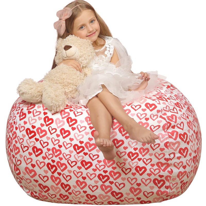 WEKAPO Stuffed Animal Storage Bean Bag Chair Cover for Kids Stuffable Zipper Beanbag for Organizing Children Plush Toys Large Premium Cotton Canvas Heart XXLarge