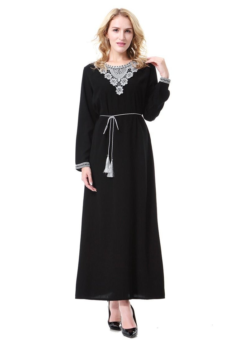 Loquat Women's Round Neck Long Sleeve Applique Maxi Long Casual Dress Robe With Belt Black/Grey  - Image 1