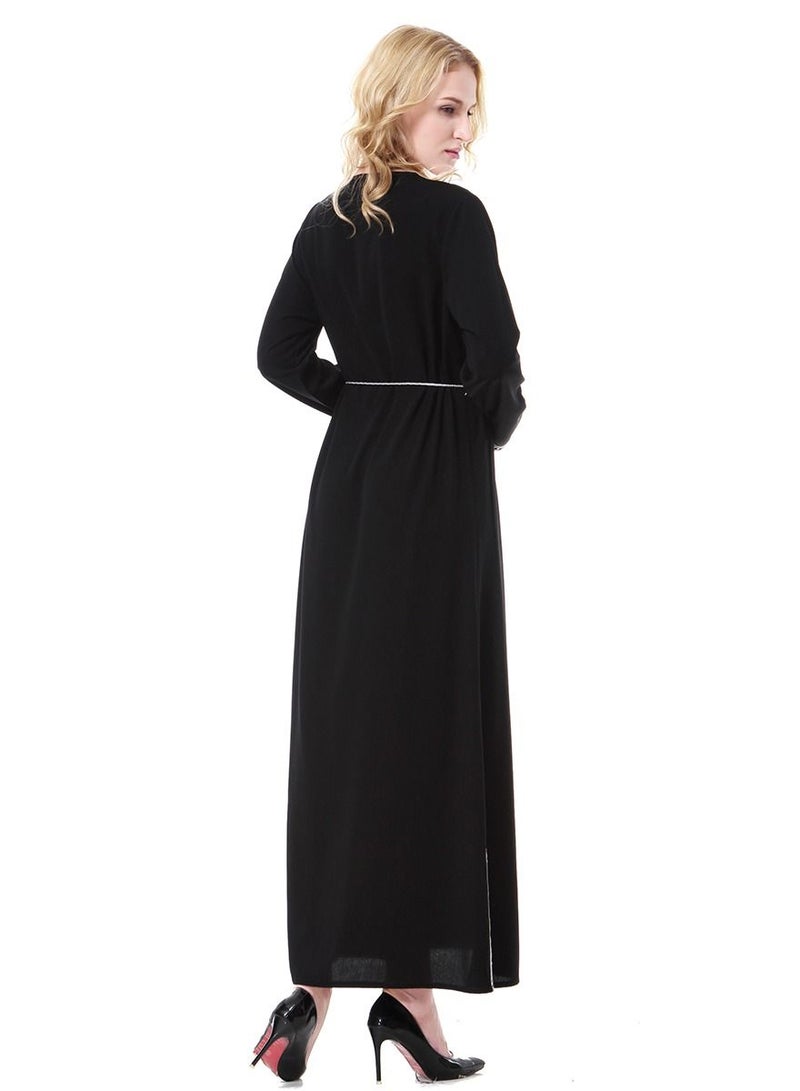 Loquat Women's Round Neck Long Sleeve Applique Maxi Long Casual Dress Robe With Belt Black/Grey  - Image 3