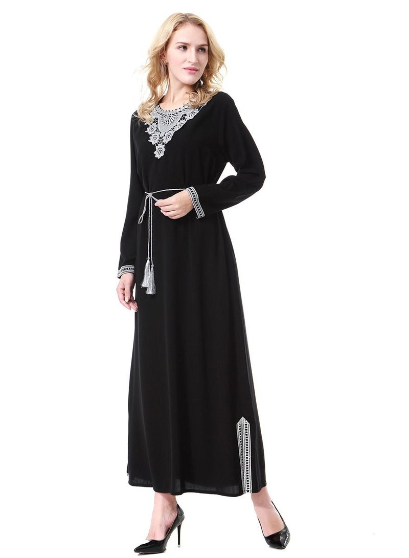 Loquat Women's Round Neck Long Sleeve Applique Maxi Long Casual Dress Robe With Belt Black/Grey  - Image 2