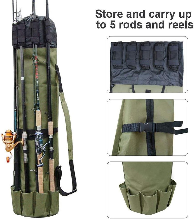 Allnice Durable Canvas Fishing Rod & Reel Organizer Bag Travel Carry Case Bag- Holds 5 Poles & Tackle - Image 3