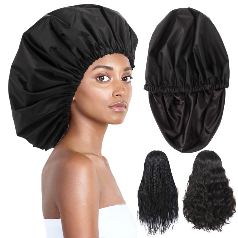 Himoswis Adjustable Shower Caps for Women Reusable Waterproof Satin Lining Extra Large Shower Cap for Women and Men Long Hair Braids Curly Hair XlBlack