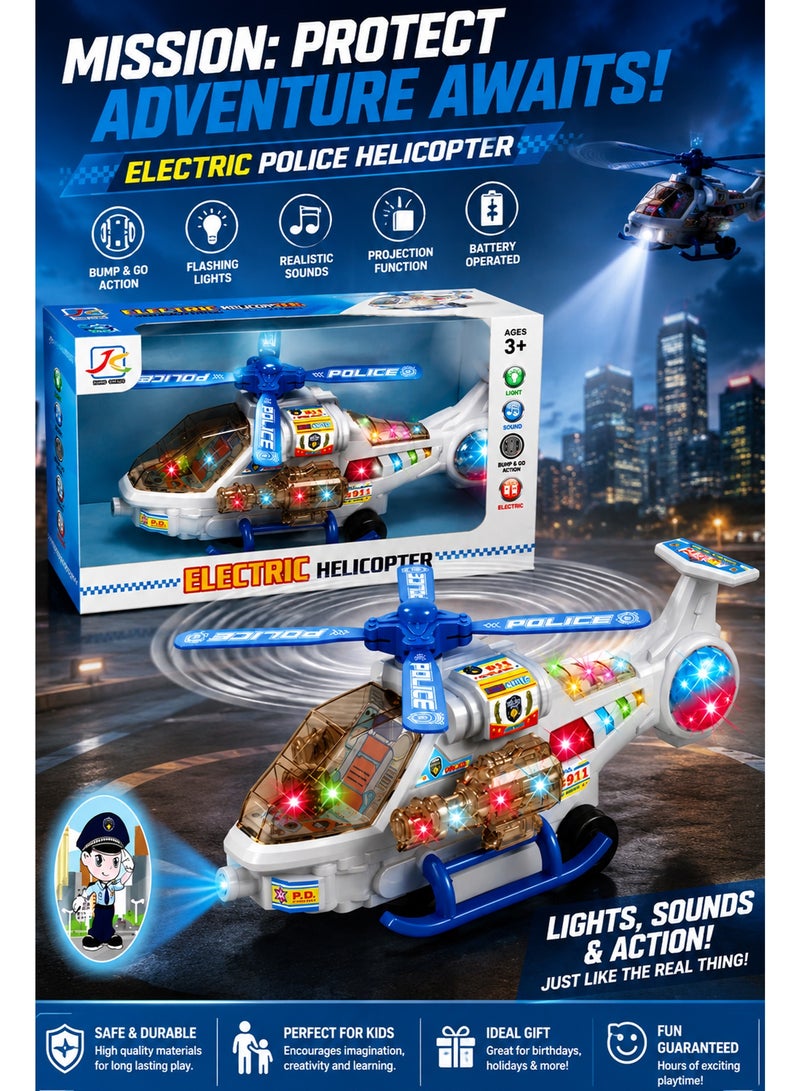 Electric Police Helicopter Toy – Bump and Go Helicopter with Flashing Lights, Sound Effects and Projection Function for Kids Age 3+ - Image 2