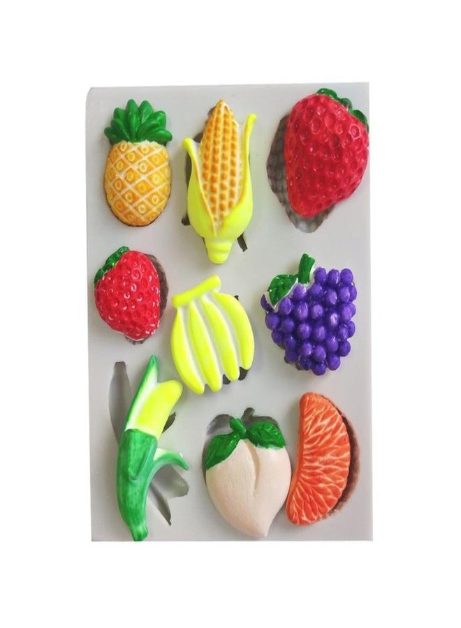 Skytail 9 Slot Fruit Silicone Mould Strawberry Pineapple Grapes Banana Peach Corn Orange Shape Fondant Mold Baking Chocolate Candy Cake Decoration Cupcake Topper SugarCraft Gum Paste Gummy Jelly Clay - Image 1