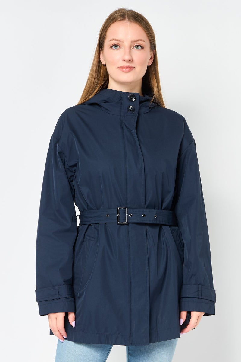 GEOX Women Solid Hooded Jacket, Navy - Image 1