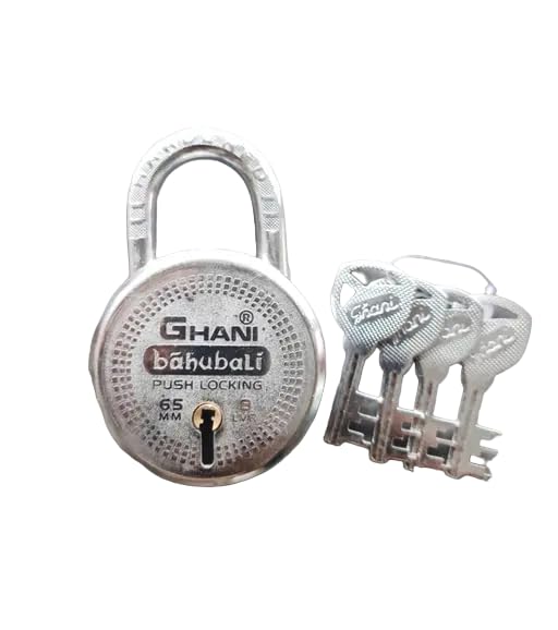 Shakti Store Bahubali Lock PadlocksRound Padlock 65mm 8 Lever with 4 Keys Mild Steel MaterialBright Chrome Polished FinishDoor Lock Shutter Lock Godown Lock gate Lock - Image 1