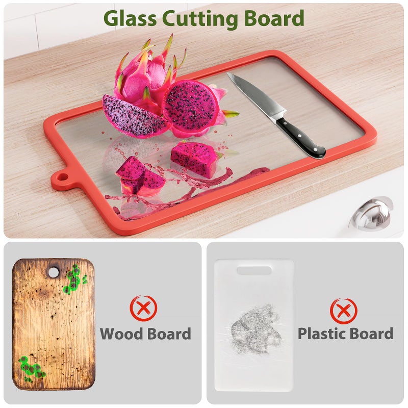 Freshmage Cutting Board, Freshmage Glass Cutting Boards for Kitchen, 2Pcs Chopping Board Set with Non-Slip Edges & Hanging Hole, Dishwasher- Safe Clear Cutting Board for Countertop, Meal Prep & Serving - Image 5