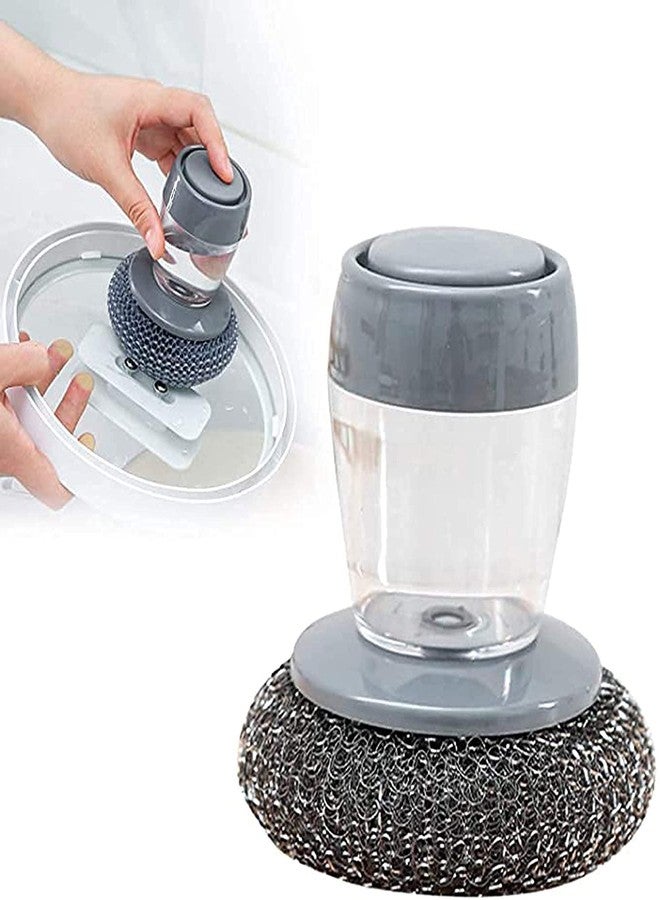 SHOPECOM Dish Scrubber Cleaning Brush Matel Scouring Pad Pot Scrubber with Liquid soap Dispenser. Cleaning Brush Push Button Kitchen Cleaning Tool Household Cleaning Palm Brush Pack of 01 - Image 1