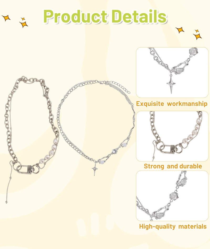 FFZDENA 2 Pcs Pendant Necklace for Women, Y2K Style Necklace, Vintage Beaded Chain, Trendy Fashion Jewellery, Layered Necklace for Girls, Retro Party Accessory, Dailys Wear Gift for Her - Image 2