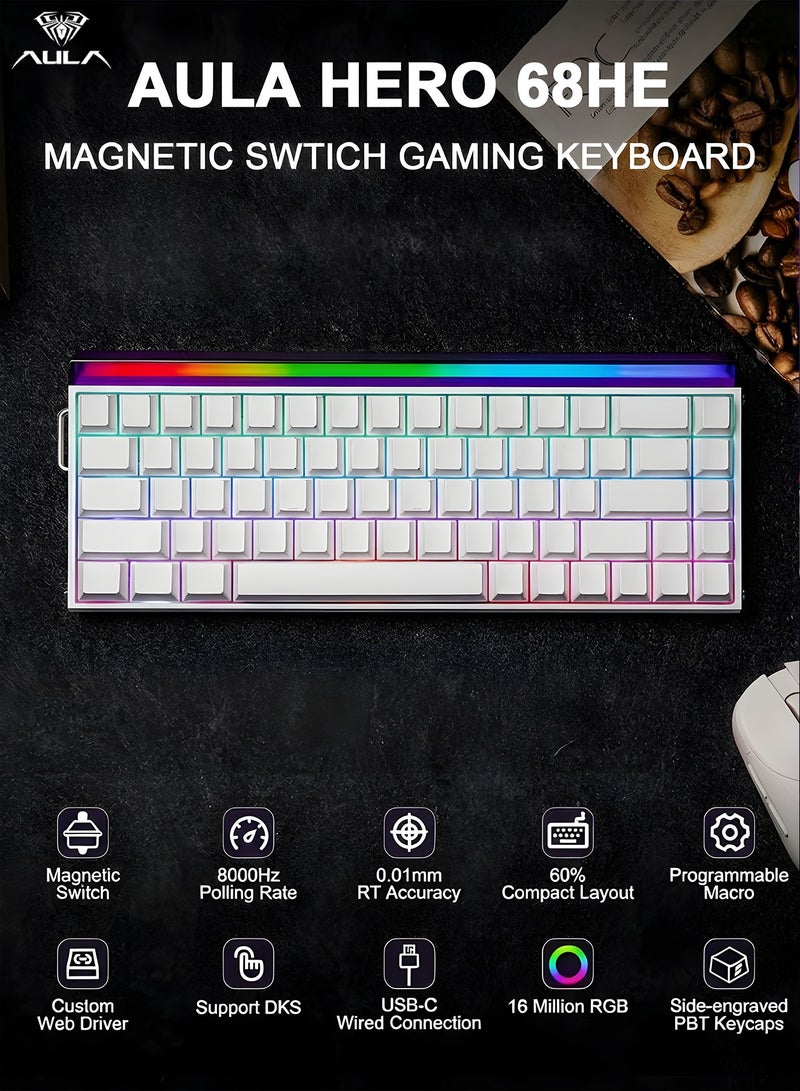 أولا لوحة مفاتيح الألعاب HERO 68 ذات المفتاح المغناطيسي 60% - لوحة مفاتيح ميكانيكية، معدل استطلاع 8000 هرتز، RT قابل للتعديل، إضاءة خلفية RGB، استجابة فائقة السرعة، USB-C سلكي، دعم برنامج تشغيل الويب - Image 1