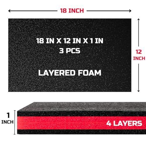 ONREVA Tool Box Foam 18x12x1 inch 3Pack, Foam Inserts for Cases, Polyethylene Storage Sheets for Toolbox Hard Case, Tool Shadow Insert, Kaizen Organizer Sheet, Black with Red - Image 3