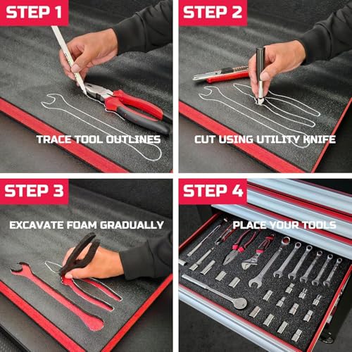 ONREVA Tool Box Foam 18x12x1 inch 3Pack, Foam Inserts for Cases, Polyethylene Storage Sheets for Toolbox Hard Case, Tool Shadow Insert, Kaizen Organizer Sheet, Black with Red - Image 4