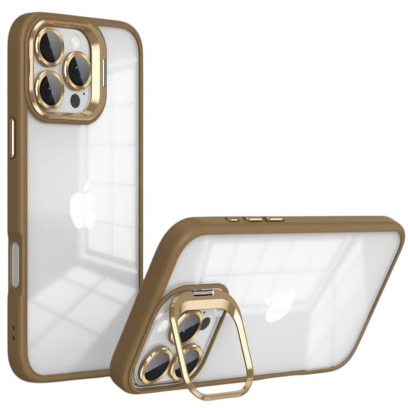 Tech Trendz Luxury Built in Camera Lens Kickstand Case for iPhone 16 Pro, Metal Lens Hard PC Camera Ring Stand, Scratch Resistant Transparent Back Cover - Desert Titanium - Image 1