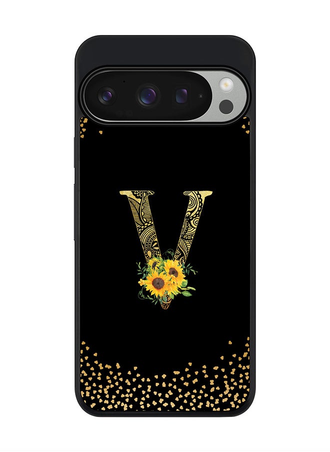 Stylizedd For Google Pixel 9 Pro Case,Slim fit Camera Protection, Shockproof Thin Phone cover - Custom Floral Monogram - V ( Black )  - Image 1