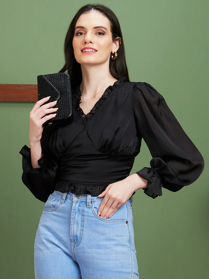 Women Black Smocking V-Neck Wrap Top