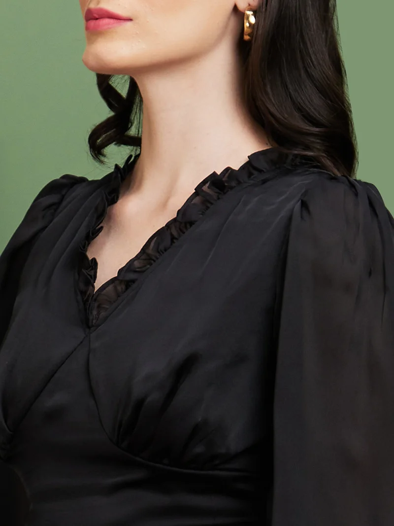 globus Globus Women Black Smocking V-Neck Wrap Party Top