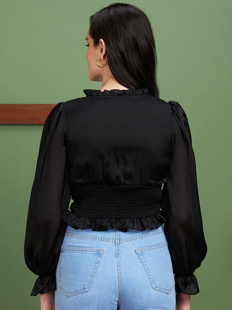 globus Globus Women Black Smocking V-Neck Wrap Party Top