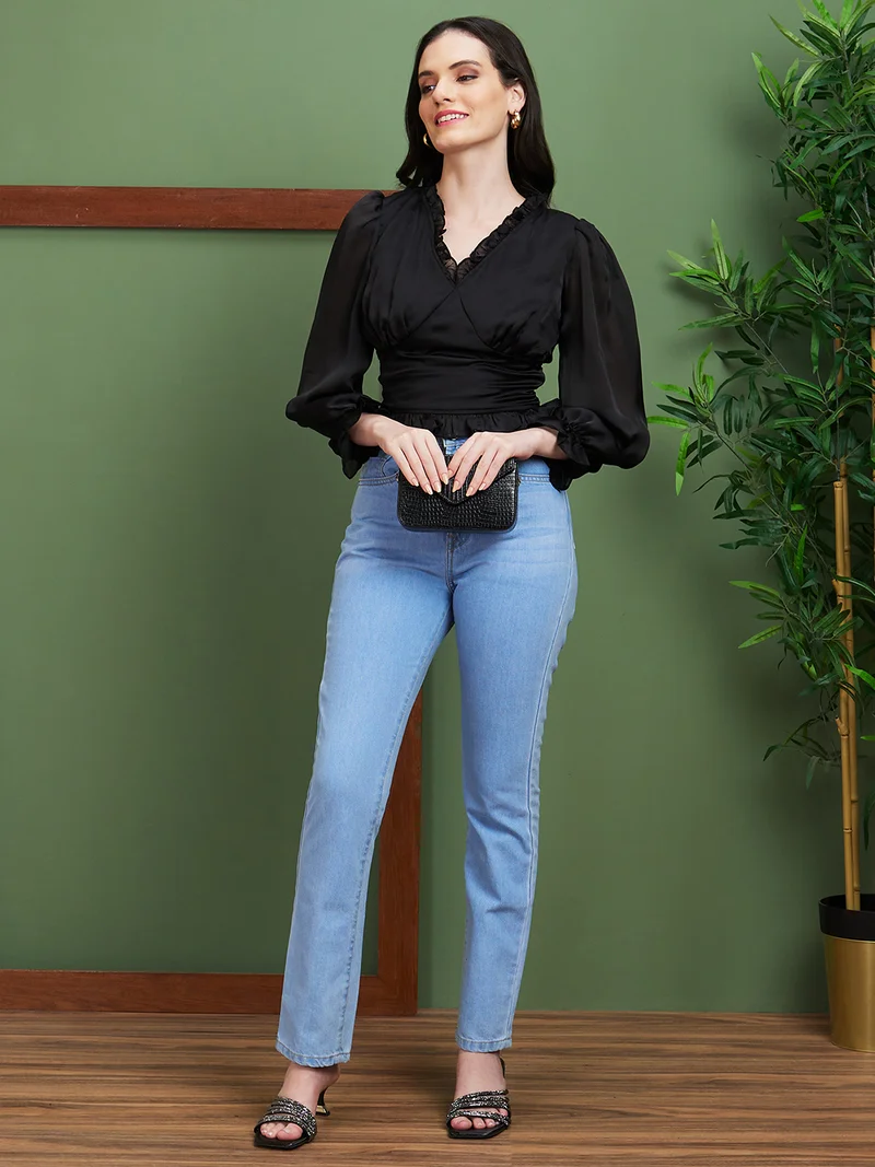 globus Globus Women Black Smocking V-Neck Wrap Party Top