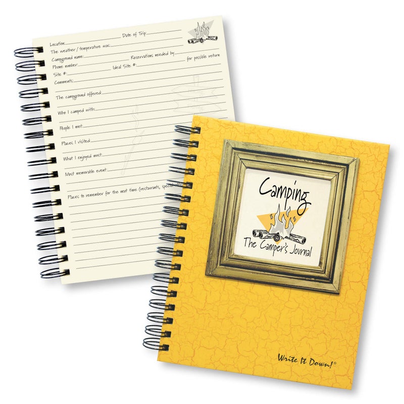 Write it Down series by Journals Unlimited, Guided Journal, Camping, The Camper's Journal, Full-size 7.5"x 9", Yellow Hard Cover, Made in USA - Image 1
