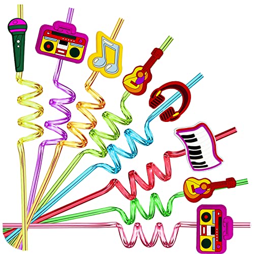24 Pieces Music Crazy Shape Straws for Drink Cocktail Rock Star Rock and Roll Birthday Party Supplies Party Favor Band 2pcs Cleaning Brush 8 Colors Straws