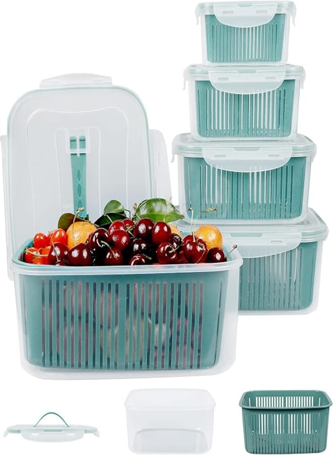 GREENTINER 5 Pack Fridge Storage Bins with Lids 2 in 1 Stackable Food Storage Containers with Handles BPA Free Fresh Fruit Vegetable Storage Containers with Lids