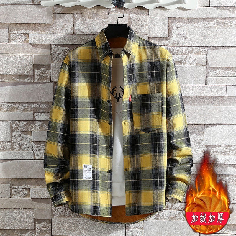 2023 fleece-lined thick thermal shirt mens plaid casual shirt brushed youth Korean-style slim-fit fleece shirt Yellow 9969 [Velvet]]