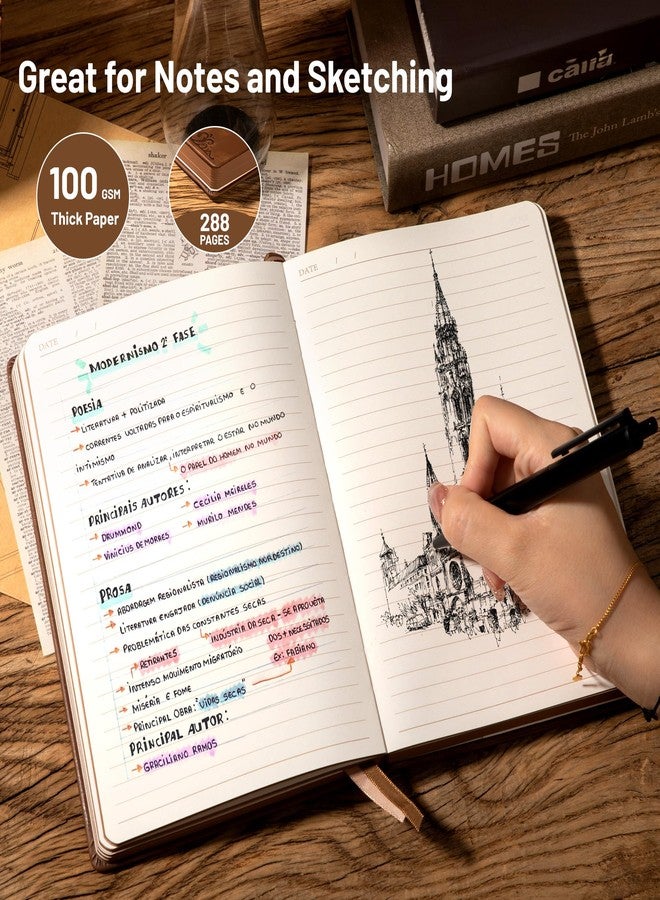 كاجي دفتر يوميات جلدي من CAGIE Compass للرجال، 100 جرام لكل متر مربع، 288 صفحة، دفاتر يوميات مسطرة للكتابة، مجموعة هدايا دفاتر يوميات غلاف مقوى مقاس A5 مع قلم للسفر والمكتب والكتابة اليومية - Image 3