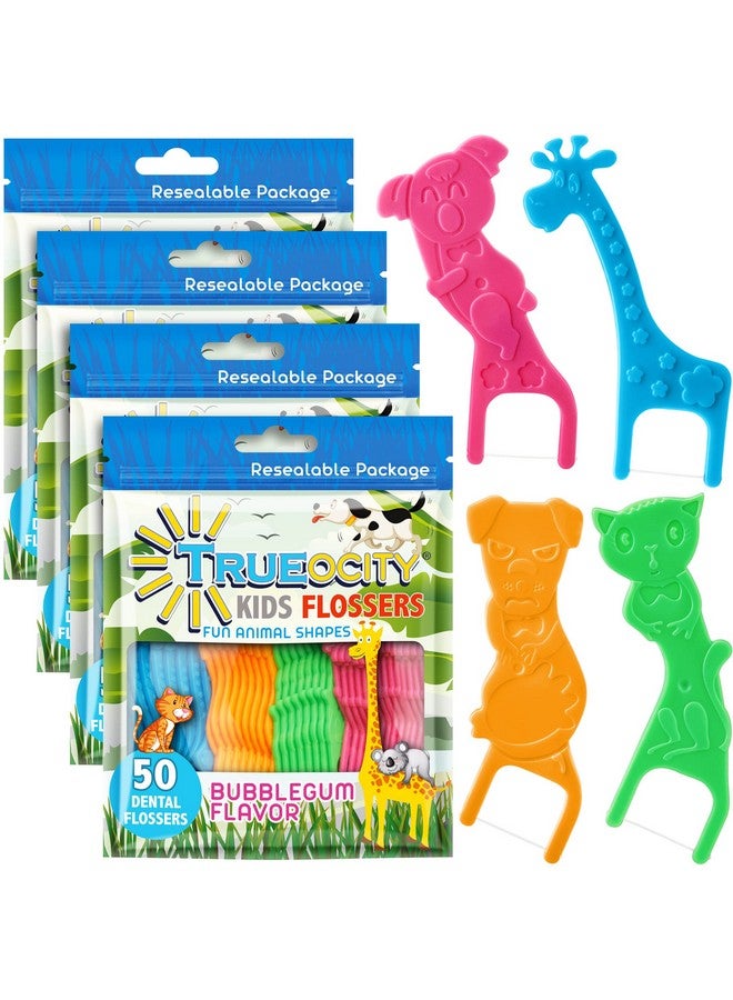 Trueocity Kids Flossers 4 Pack (200 Total) Kids Floss Picks Flossers Kids Floss For Kids Cute Animal Shapes Glides Easy Between Teeth Flosser Helps Prevent Tooth Decay & Gum Disease Bubble Gum Flavored - Image 1