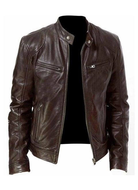 Chic PU Jacket, Men's Casual Solid Color Zip Up Stand Collar Faux Leather Jacket For Spring Fall