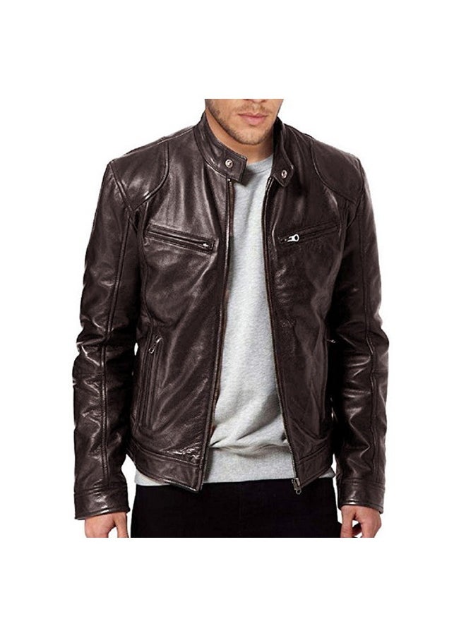 NIBEMINENT - Chic PU Jacket, Men's Casual Solid Color Zip Up Stand Collar Faux Leather Jacket For Spring Fall - Image 1