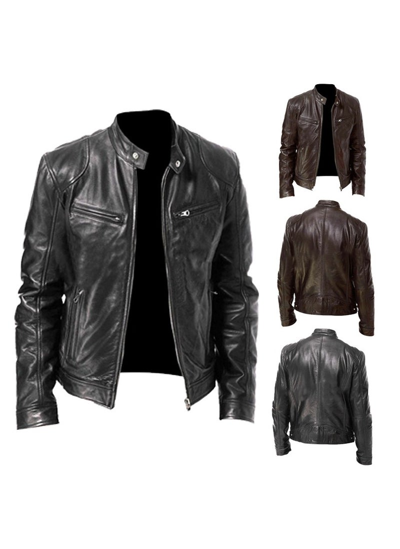 NIBEMINENT - Chic PU Jacket, Men's Casual Solid Color Zip Up Stand Collar Faux Leather Jacket For Spring Fall - Image 1