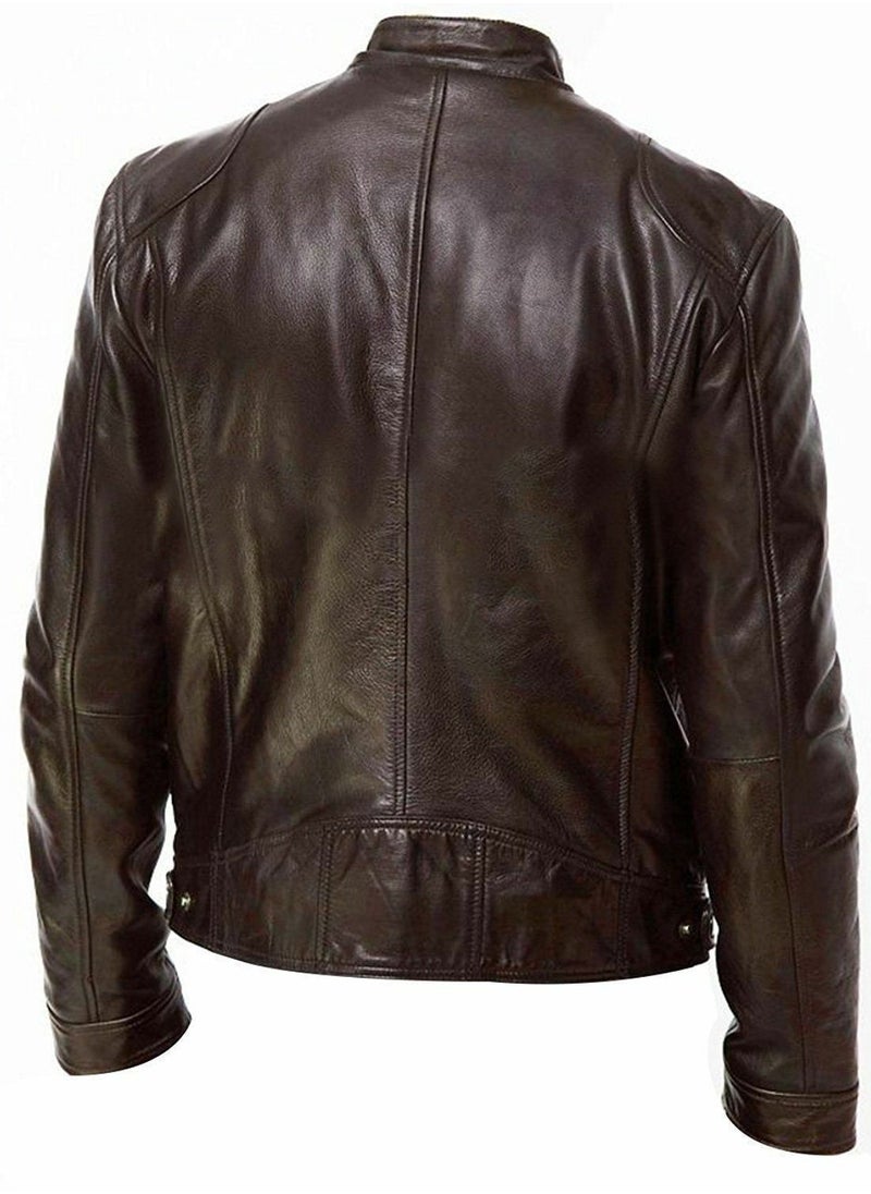NIBEMINENT - Chic PU Jacket, Men's Casual Solid Color Zip Up Stand Collar Faux Leather Jacket For Spring Fall - Image 1