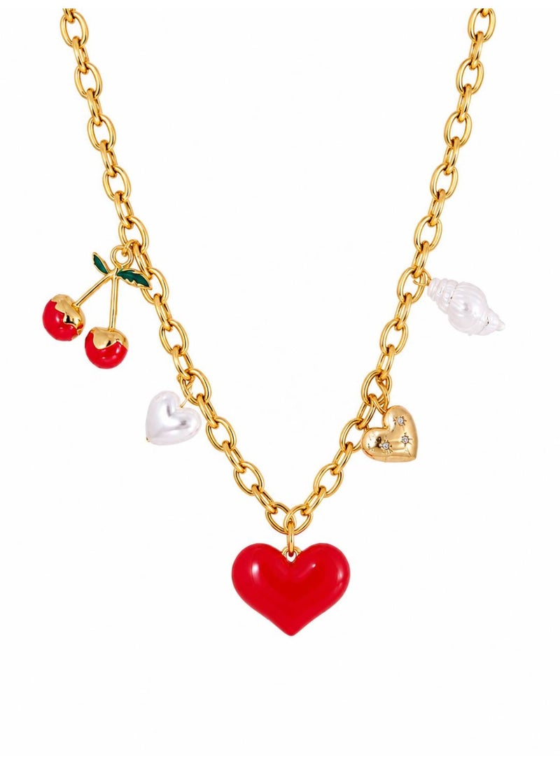 Gold Plated Alloy Multi Charm Necklace with Heart Pendant - Image 3