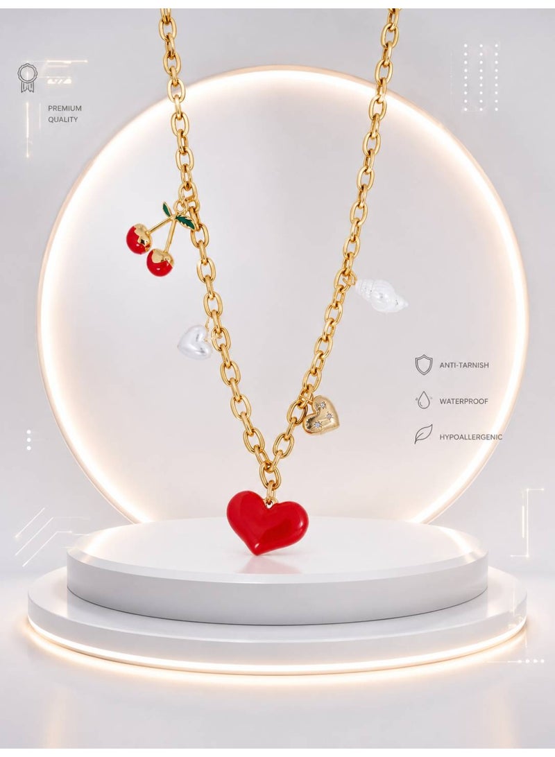 Gold Plated Alloy Multi Charm Necklace with Heart Pendant - Image 2