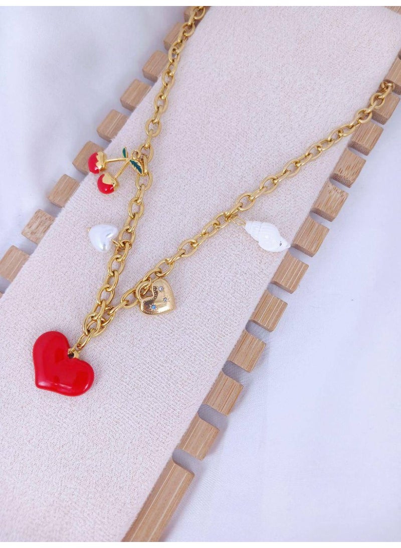 Gold Plated Alloy Multi Charm Necklace with Heart Pendant - Image 4