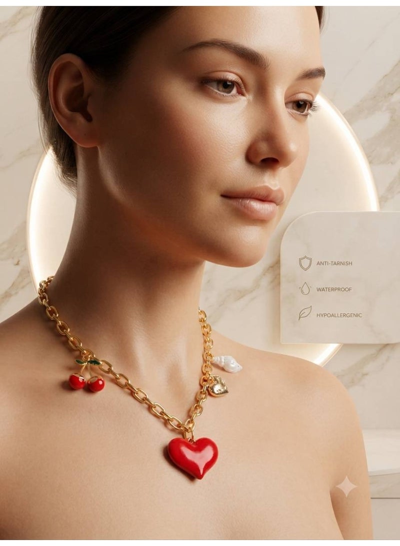 Gold Plated Alloy Multi Charm Necklace with Heart Pendant - Image 1