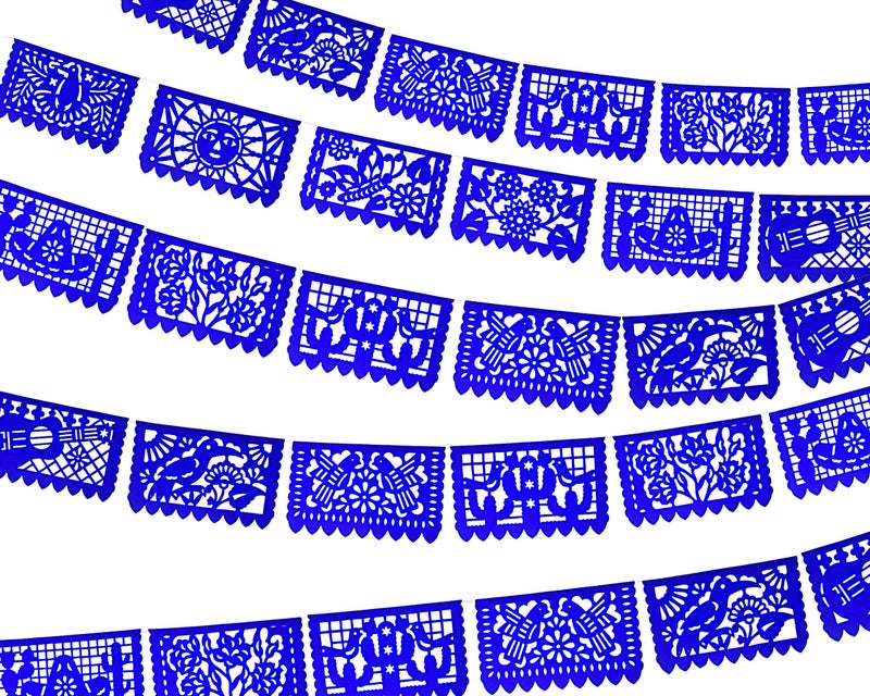 MexFabricSupplies Blue Papel Picado Banner Medium Fiesta Party Supplies Royal Blue Mexican Banner Flags Paper Garlands Perfect for Birthdays Bridal and Baby Shower Weddings quinceaneras Taco bar 5pk60ftPaper 