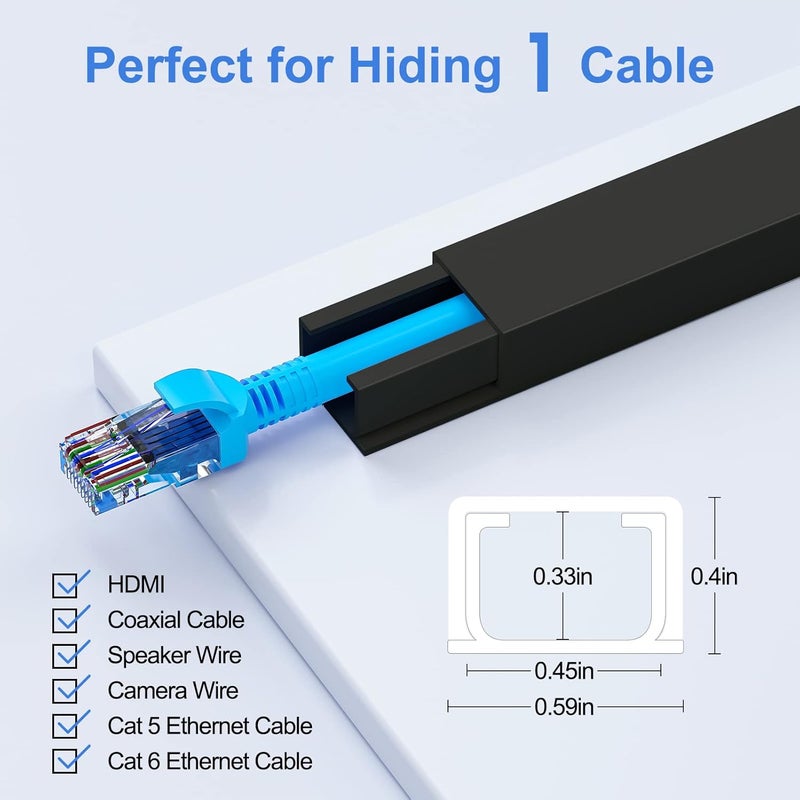 Yecaye Cord Hider, 113in Black Cord Covers for Wires on Wall, One-Cord Cord Organizer, Easy Install Cable Management Kit, Cable Cover Home Office, W0.59in H0.4in, Black - Image 2