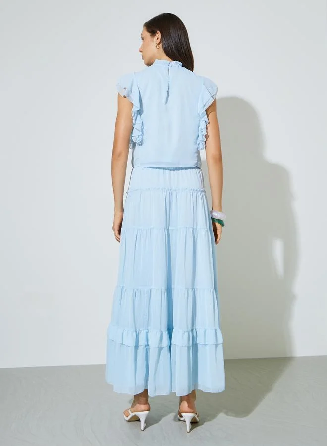 Styli Blue Solid Double Layer Cuff Lace Decorated Top And Lace Decorated A-line Maxi Skirt Set for Women | Best Price UAE