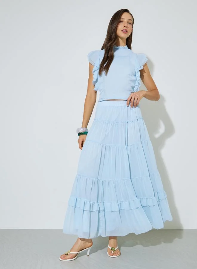 Styli Blue Solid Double Layer Cuff Lace Decorated Top And Lace Decorated A-line Maxi Skirt Set for Women | Best Price UAE