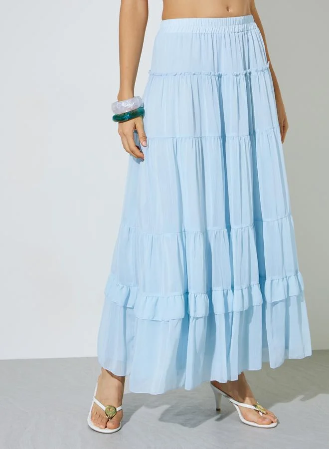 Styli Blue Solid Double Layer Cuff Lace Decorated Top And Lace Decorated A-line Maxi Skirt Set for Women | Best Price UAE