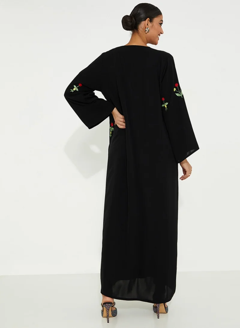 Rosette Abaya Open Abaya with Mix Flower Stitching