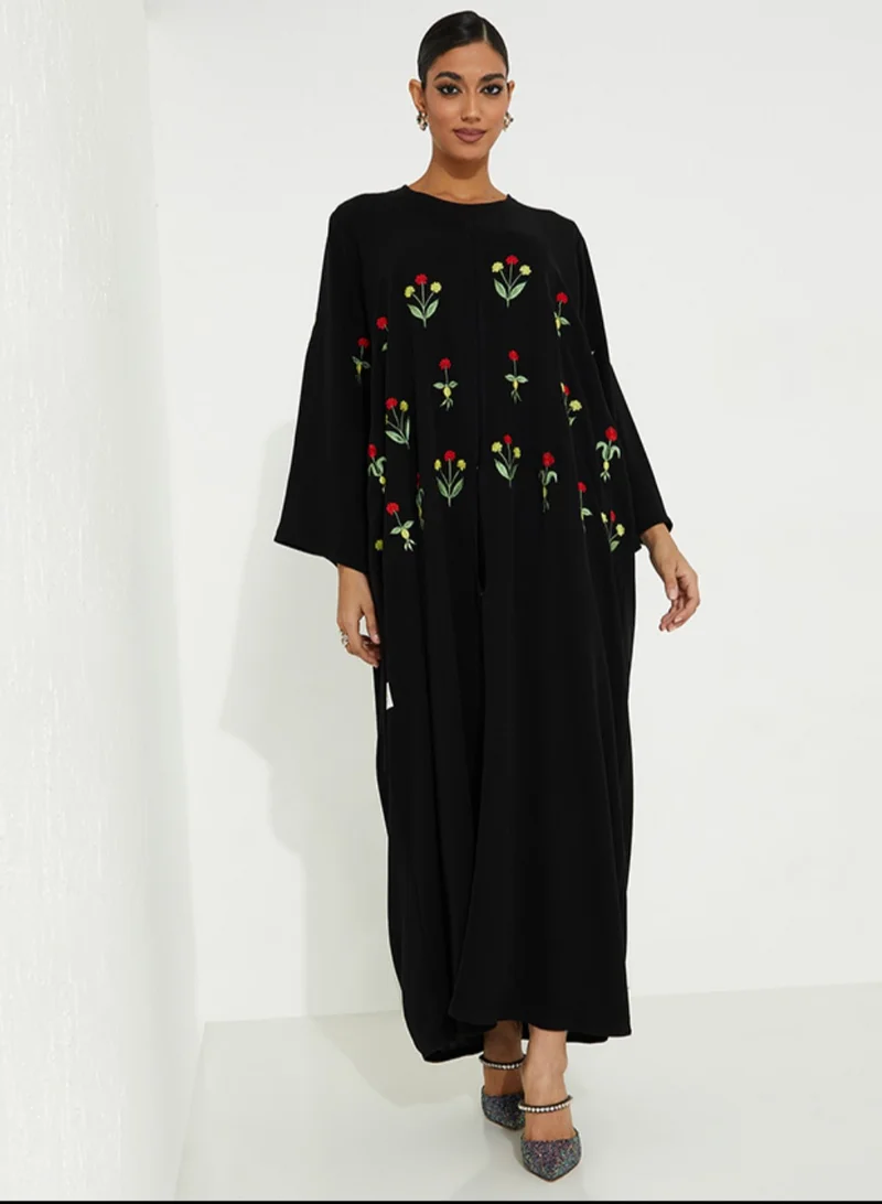 Rosette Abaya Open Abaya with Mix Flower Stitching
