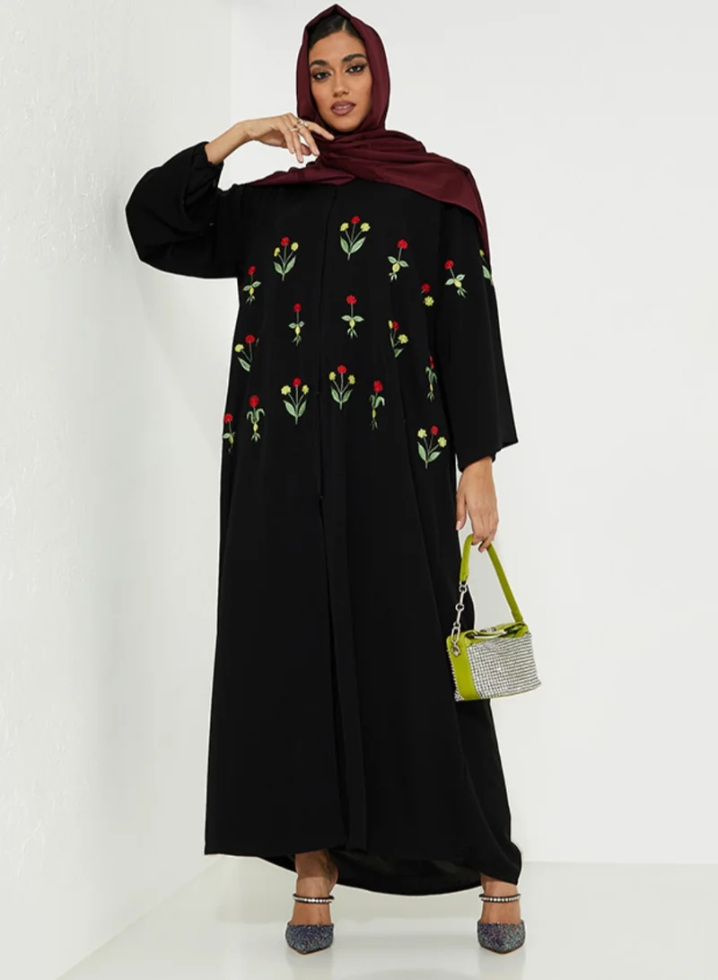 Rosette Abaya Open Abaya with Mix Flower Stitching