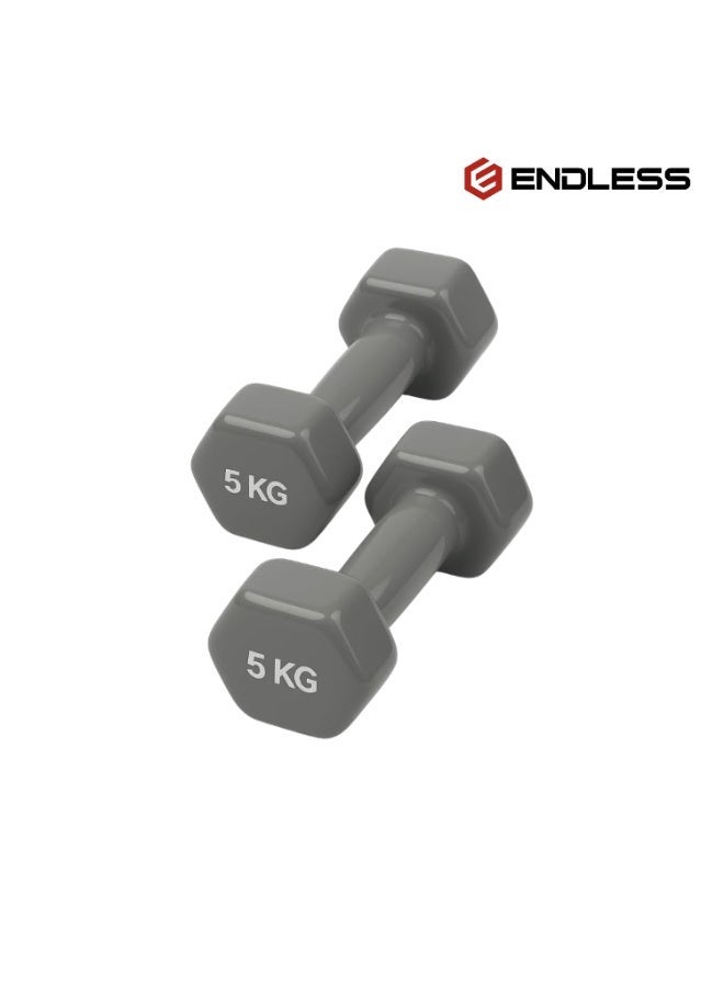 بلا نهاية دمبل ثابت بطلاء الفينيل زوج | 5 كجم لكل واحد (إجمالي 10 كجم) | رمادي | مصنوع من الحديد بطلاء فينيل | أوزان مدمجة للرياضة في المنزل، التمارين، اللياقة البدنية للرجال والنساء - Image 1