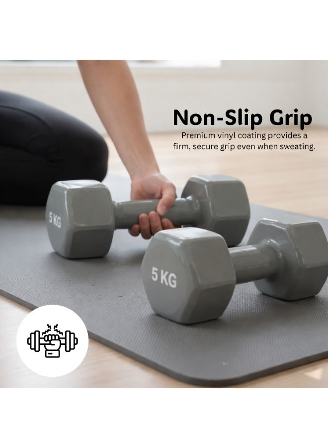 بلا نهاية دمبل ثابت بطلاء الفينيل زوج | 5 كجم لكل واحد (إجمالي 10 كجم) | رمادي | مصنوع من الحديد بطلاء فينيل | أوزان مدمجة للرياضة في المنزل، التمارين، اللياقة البدنية للرجال والنساء - Image 3