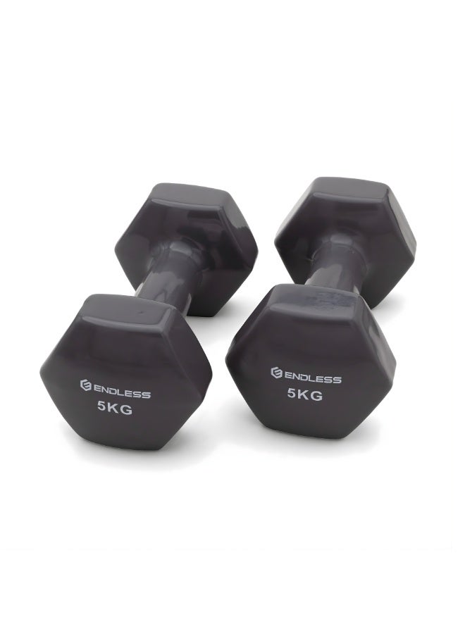 بلا نهاية دمبل ثابت بطلاء الفينيل زوج | 5 كجم لكل واحد (إجمالي 10 كجم) | رمادي | مصنوع من الحديد بطلاء فينيل | أوزان مدمجة للرياضة في المنزل، التمارين، اللياقة البدنية للرجال والنساء - Image 1