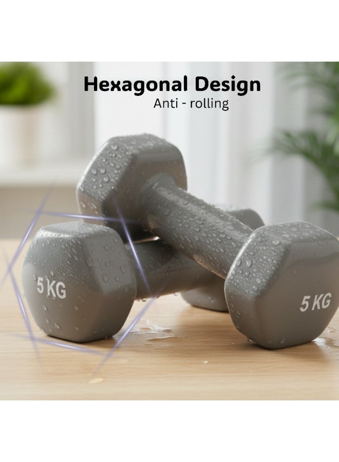بلا نهاية دمبل ثابت بطلاء الفينيل زوج | 5 كجم لكل واحد (إجمالي 10 كجم) | رمادي | مصنوع من الحديد بطلاء فينيل | أوزان مدمجة للرياضة في المنزل، التمارين، اللياقة البدنية للرجال والنساء - Image 5