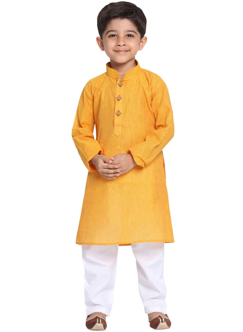 JBN Creation Boys Pure Cotton Yellow and White Kurta Pyjama Set - Ethnic Elegance for Festivals | Comfortable Traditional Pure south handloom cotton kurta pyjama for Kids_JBNBK070MDnPWH_20 - Image 1