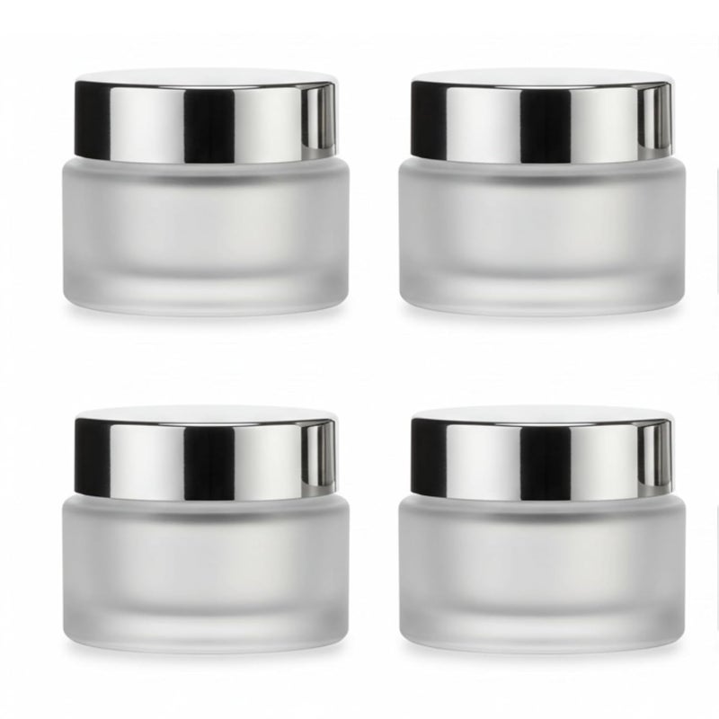 Devinez Frosted Glass Cosmetic Jars Set of 4 Refillable with Silver Lids Inner Liners Perfect for Makeup Creams Eye Shadow Jewelry Beauty Product Storage Pack50g - Image 1